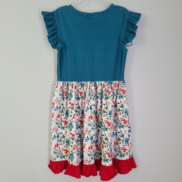 Girls blue Flutter short Sleeve Dress with white Floral Skirt – Girls 8T-10T - Picture 9 of 9